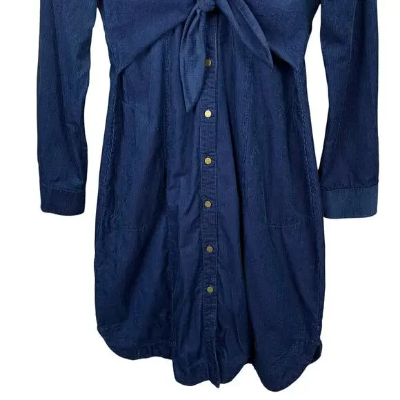 Maeve Anthropologie Winchester Shirt Dress Blue Corduroy Tie Front Women's 8 - Picture 4 of 11
